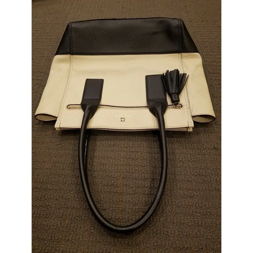 KATE SPADE New York Satchel Pebbled Leather Shoulder Handbag Black White
